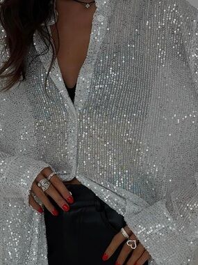 🎉Gleaming sequin buttondown shirt stylish casual party ready streetwear sparkle
